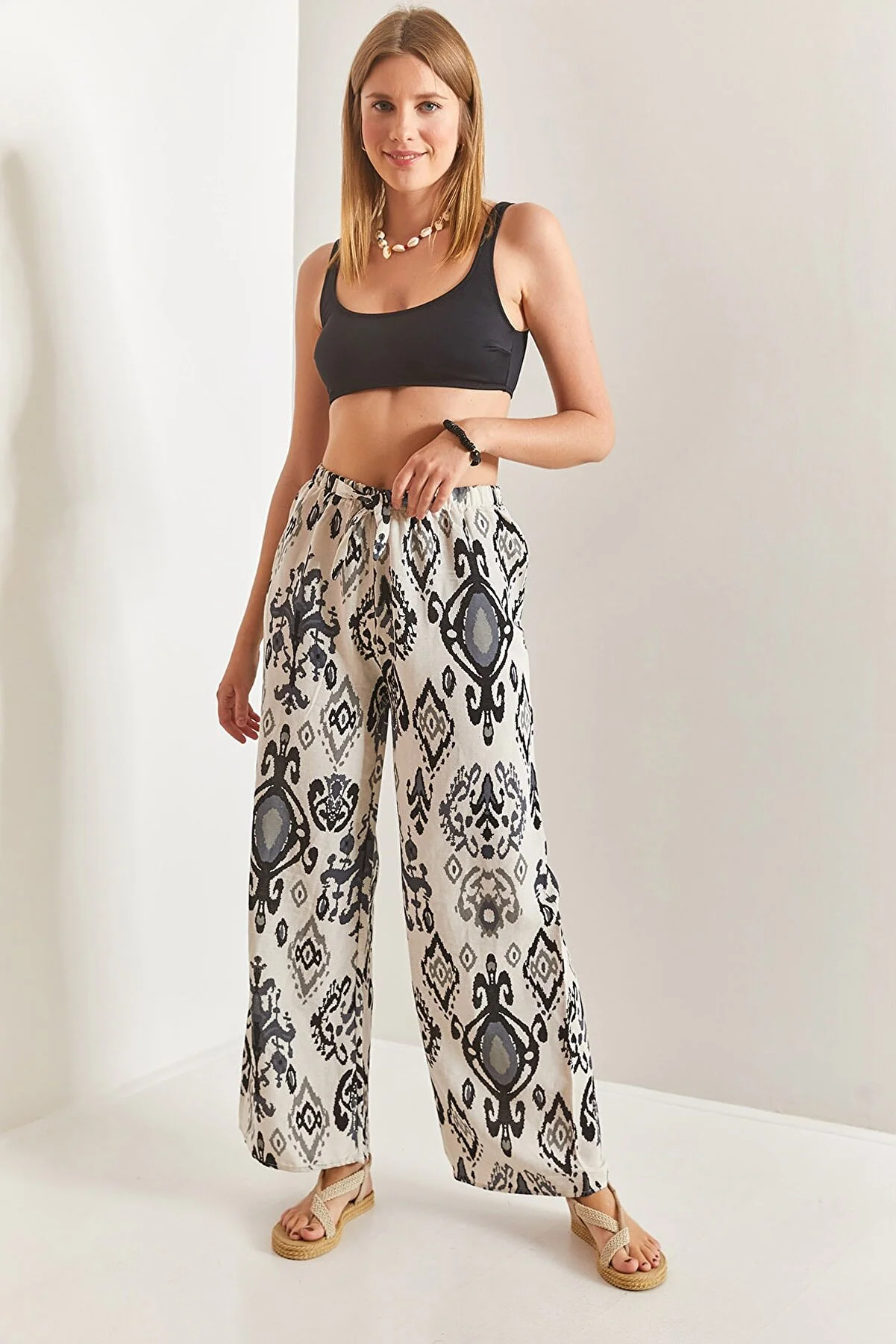 Bianco Lucci  Mehrfarbig gemusterte Damen-Leinenhose mit elastischem Bund