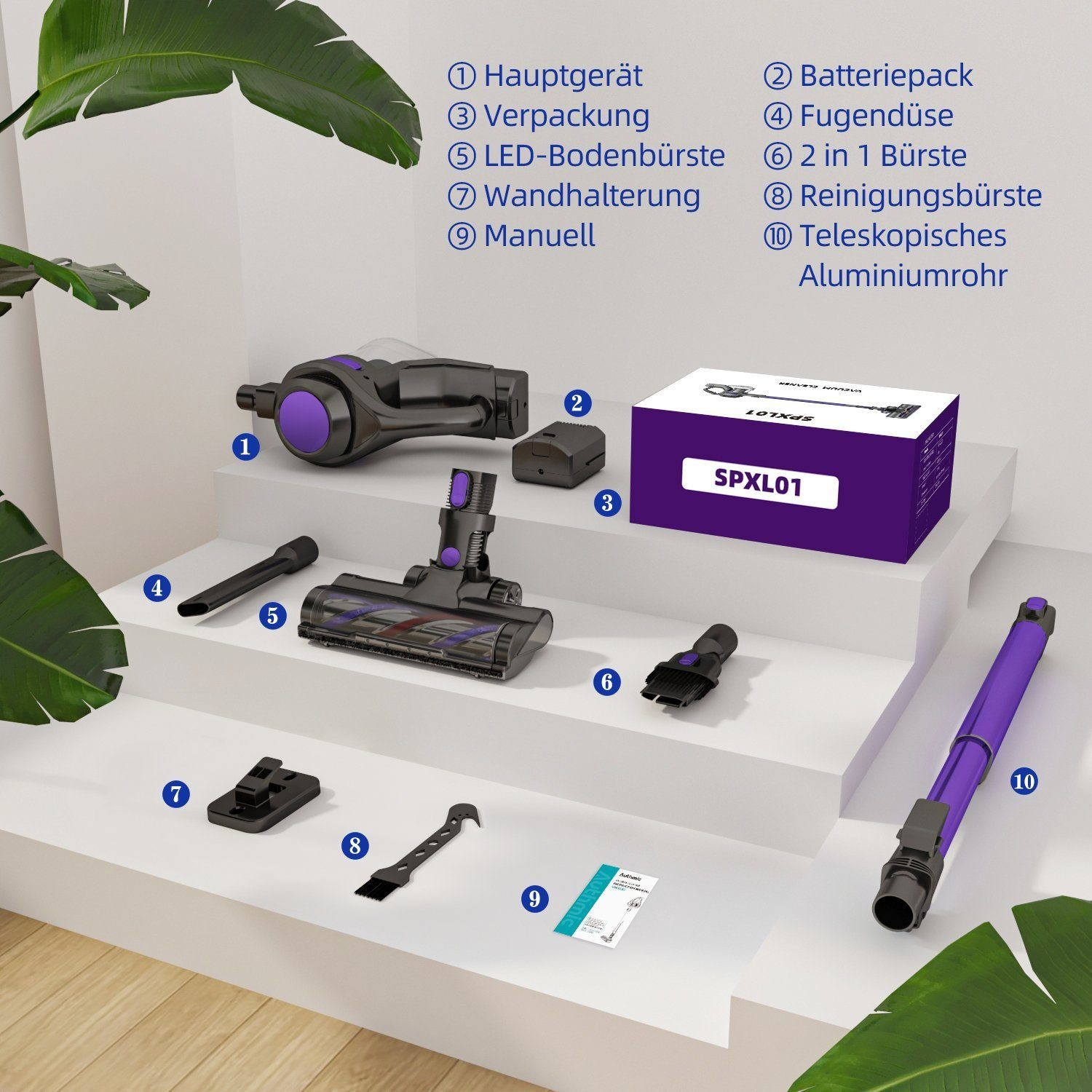 Authmic Akku-Stielstaubsauger Akku Staubsauger, Staubsauger Kabellos mit 25000pa Saugkraft, Akkusauger, Bis zu 50 Min Laufzeit, 1.3L Staubbehälter