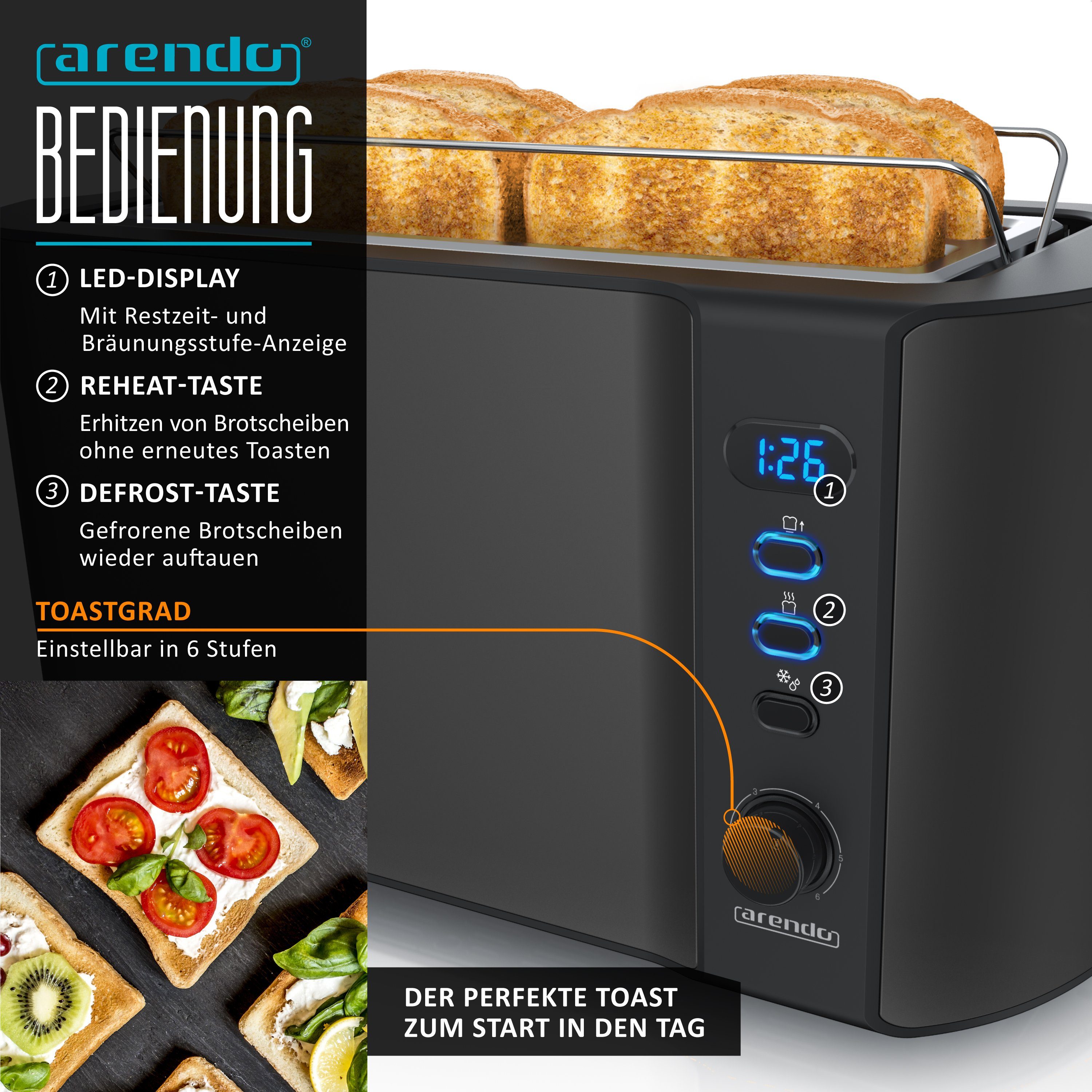 Arendo Frühstücks-Set (3-tlg), Wasserkocher 1,5l, 4-Scheiben Toaster, 6er Eierkocher, Schwarz