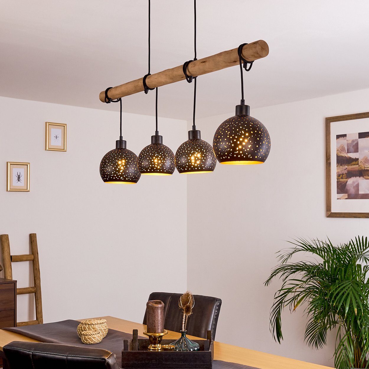 hofstein Pendelleuchte Nave 4-flammige Deckenlampe aus Metall in schwarz und kupferfarben, ohne Leuchtmittel, Vintage Look Pendellampe mit Holz in Natur, 4xE27