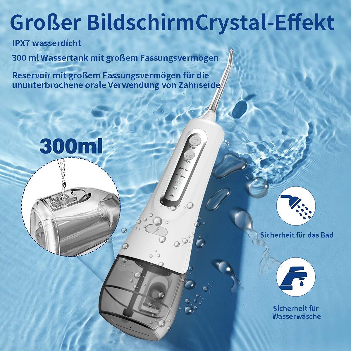 flowgoer Reise-Munddusche Kabellose Munddusche, 300 ml, 5 Modi, 7 Düsen für Tiefenreinigung, IPX7 wasserdicht, tragbar, praktisch für unterwegs und zu Hause, USB-C