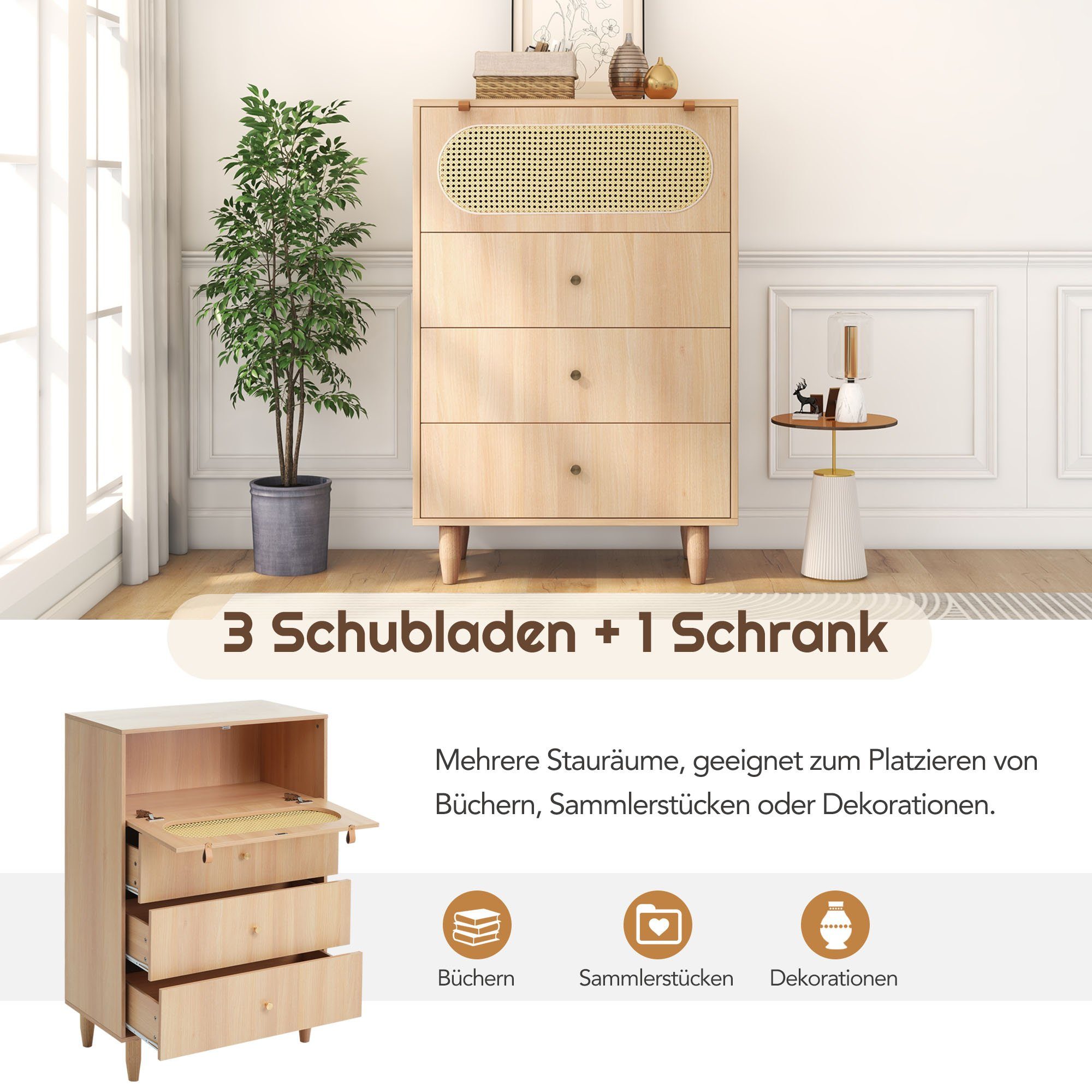 Merax Highboard, mit Rattantür und 3 Schubladen, Sideboard, Kommode, 120cm Hoch
