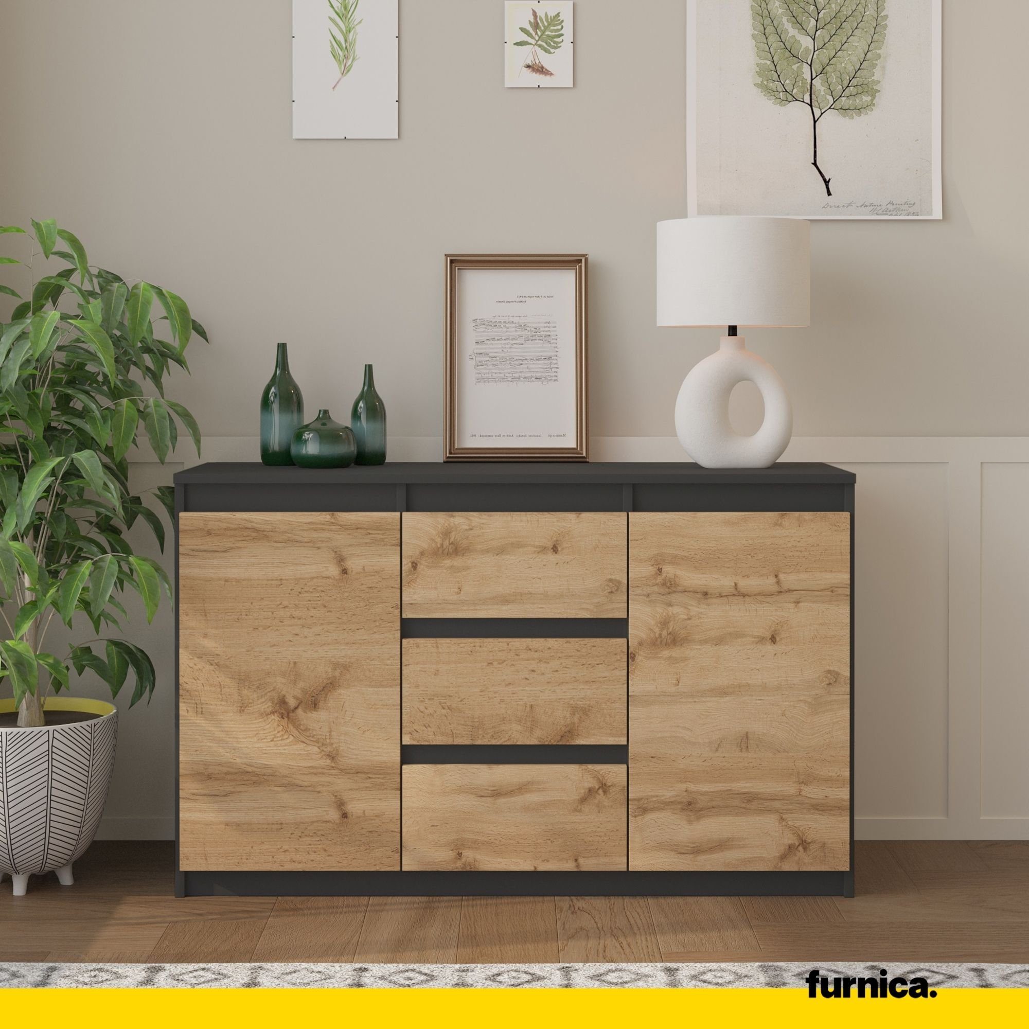 Furnica Kommode MIKEL, 3 Schubladen und 2 Türen - Anthrazit Grau H75cm B120cm T35cm (1 St)