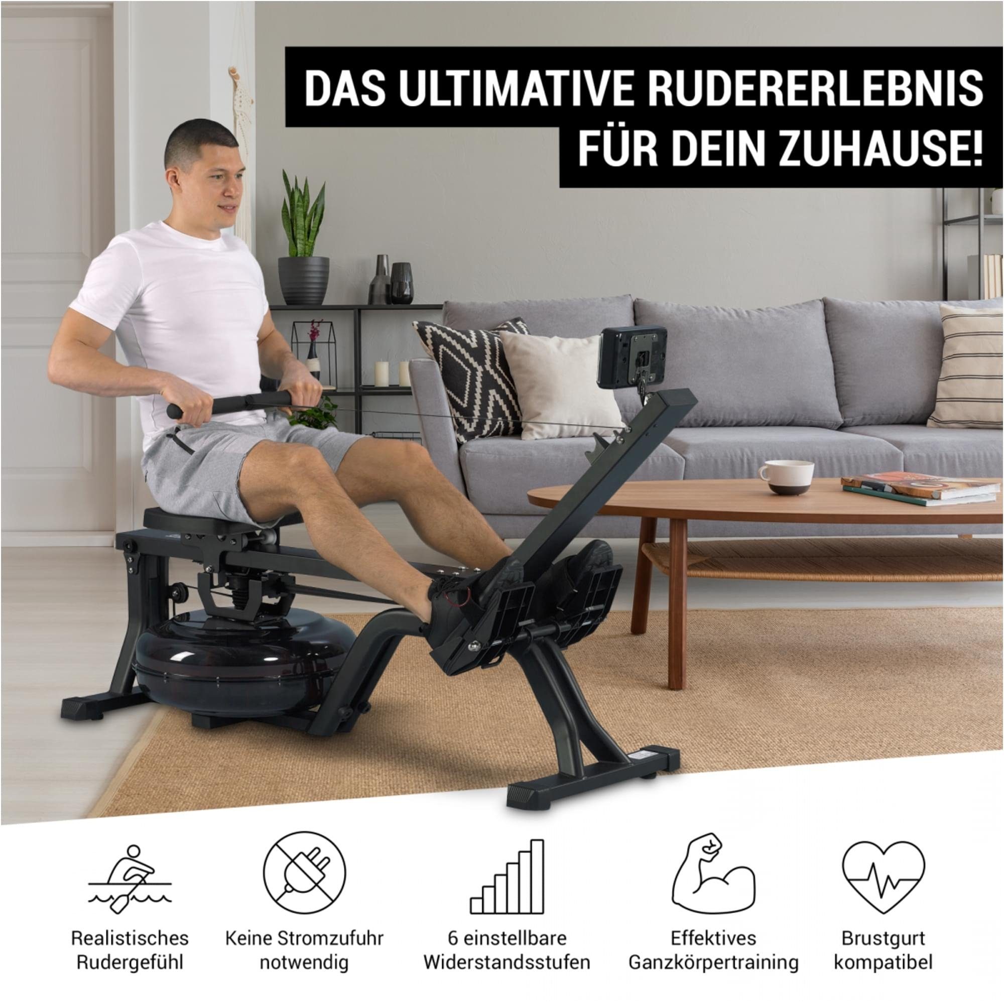 GORILLA SPORTS Rudergerät Wasserrudergerät - LCD-Display, Wasserwiderstand, kugelgelagerter Sitz (1-tlg)