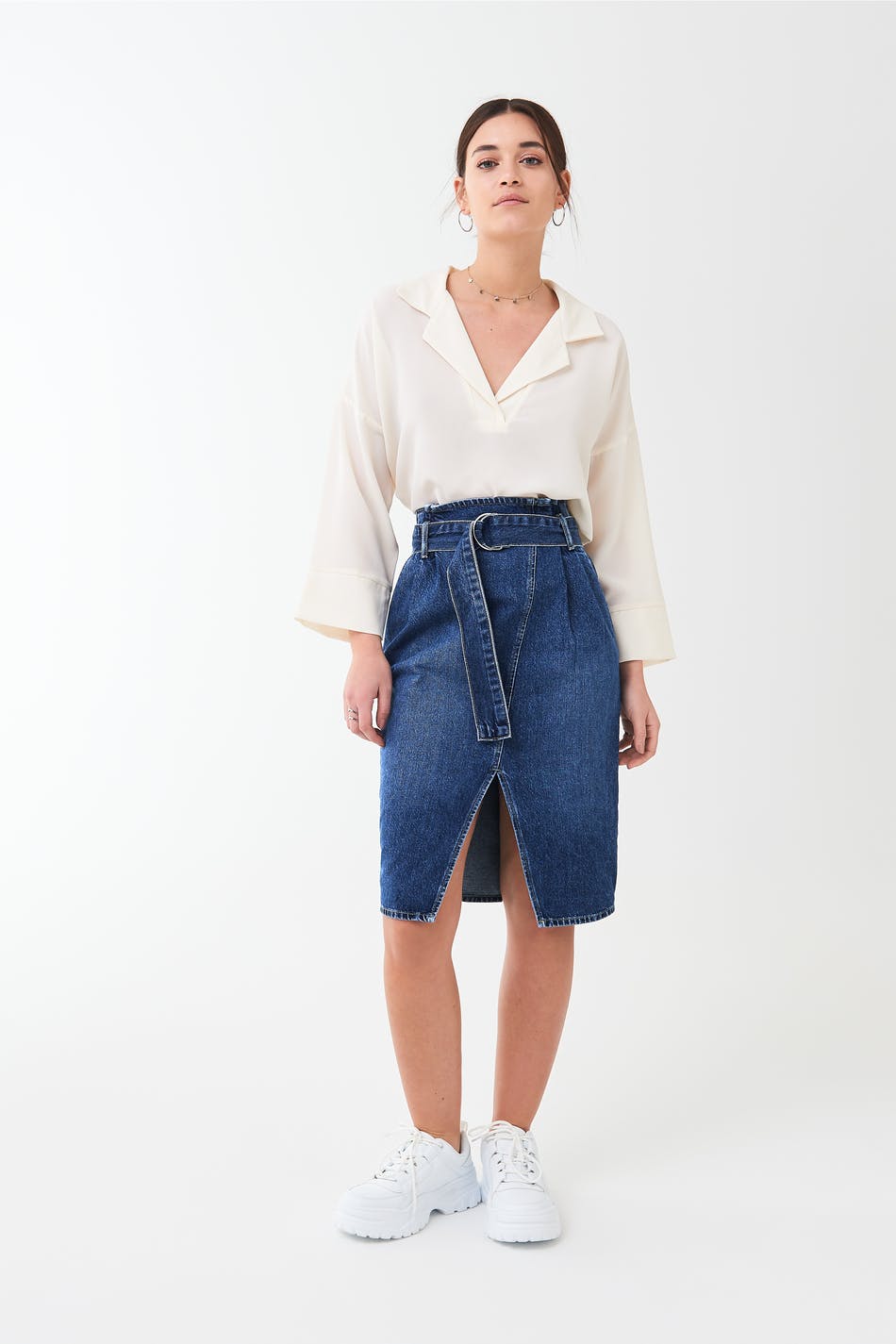 Paperbag wrap denim skirt
