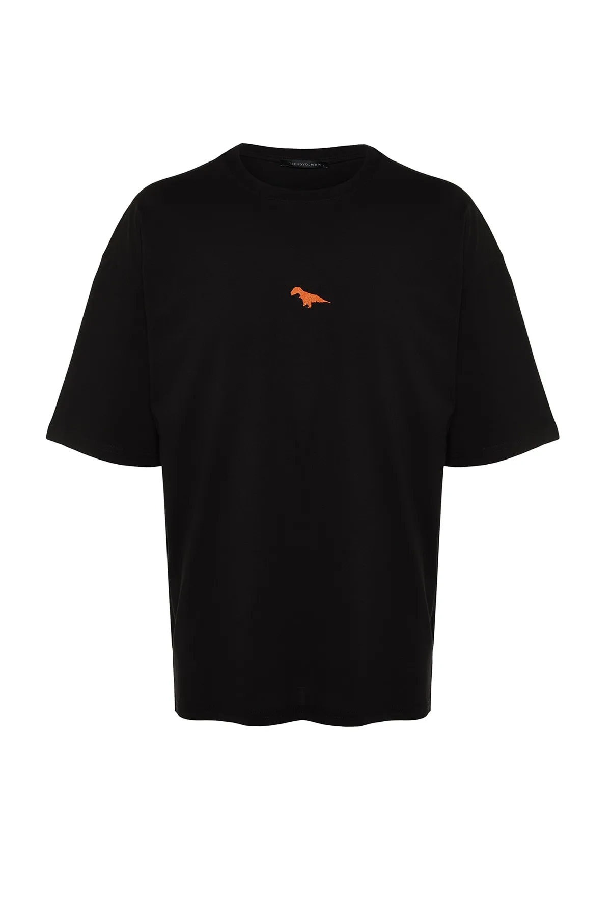 Trendyol Collection  Schwarzes Oversize-Fit-T-Shirt mit Rundhalsausschnitt und kurzen Ärmeln aus 100 % Baumwolle mit Dinosaurier-Stickerei TMNSS23TS00243