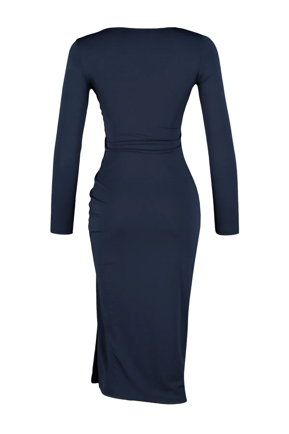 Trendyol Collection  Marineblaues, geschlitztes Midi-Strickkleid mit asymmetrischem Kragen TWOAW24EL00118