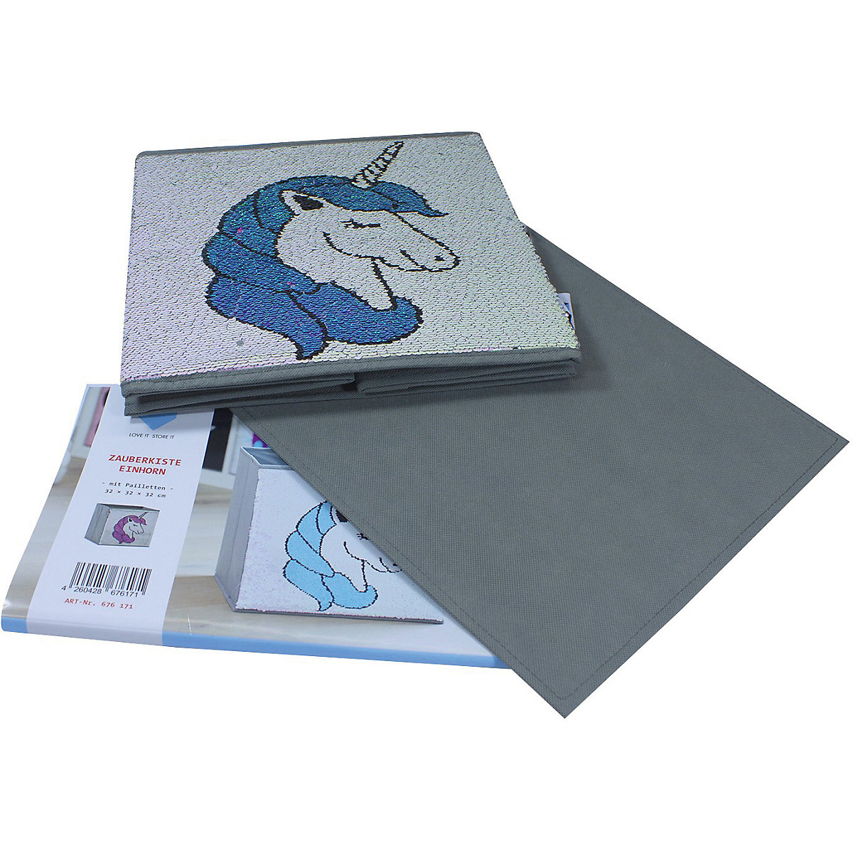 Aufbewahrungsbox Streichpailletten Einhorn rosa/blau, ohne Deckel, 32 x 32 x 32 cm