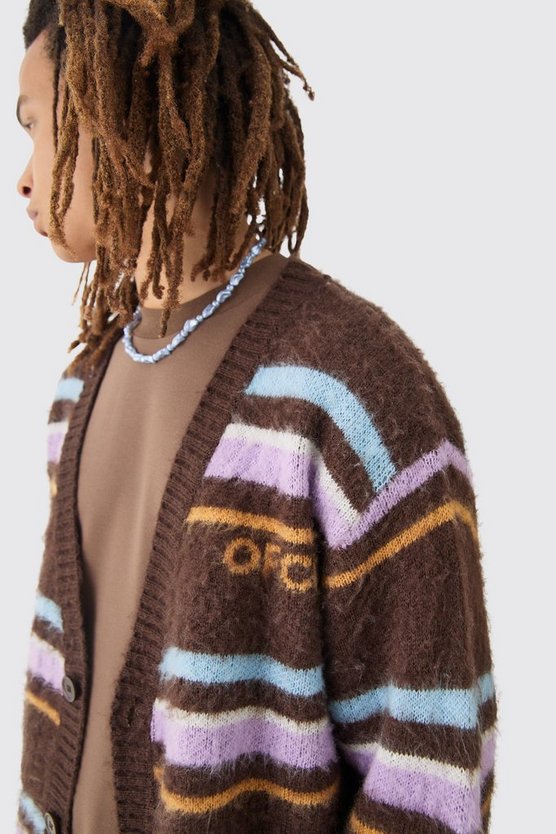Kastiger flauschiger Cardigan mit Streifen