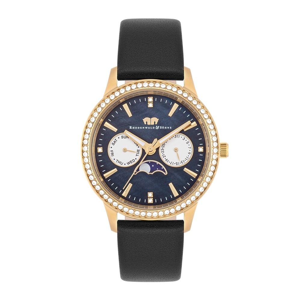 Rhodenwald & Söhne Multifonctions Amidala Or jaune Cuir véritable en Noir Montre