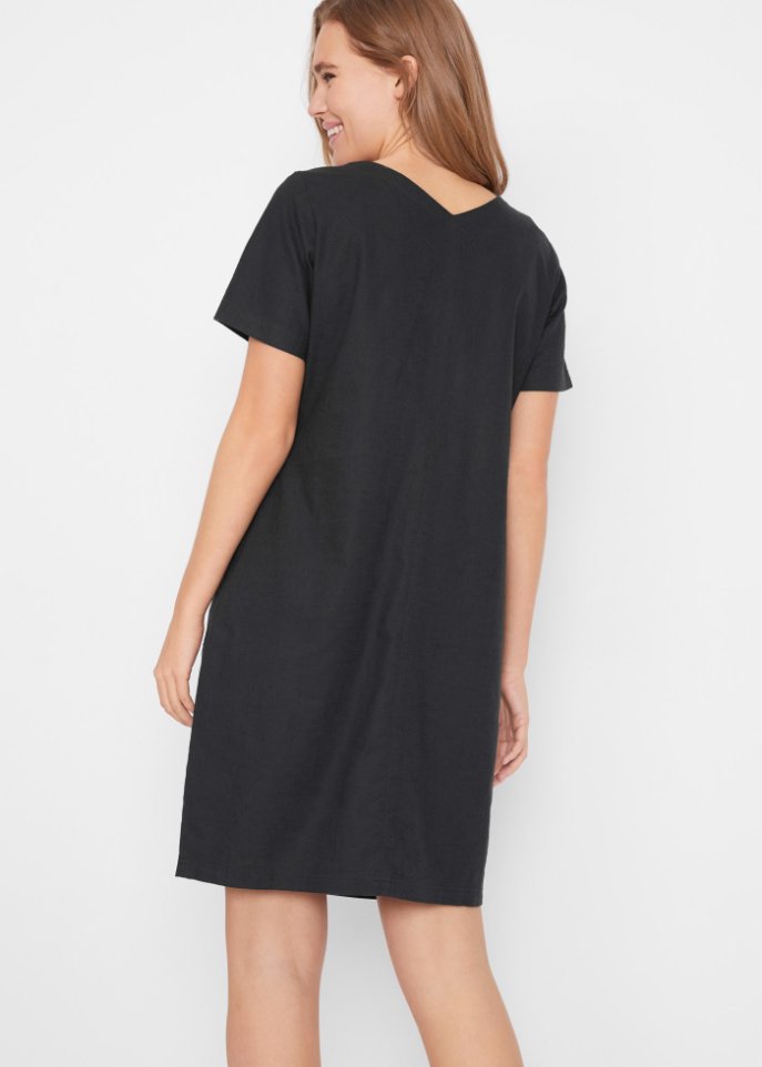 Knielanges Kleid mit Leinen und V-Ausschnitt, Halbarm
