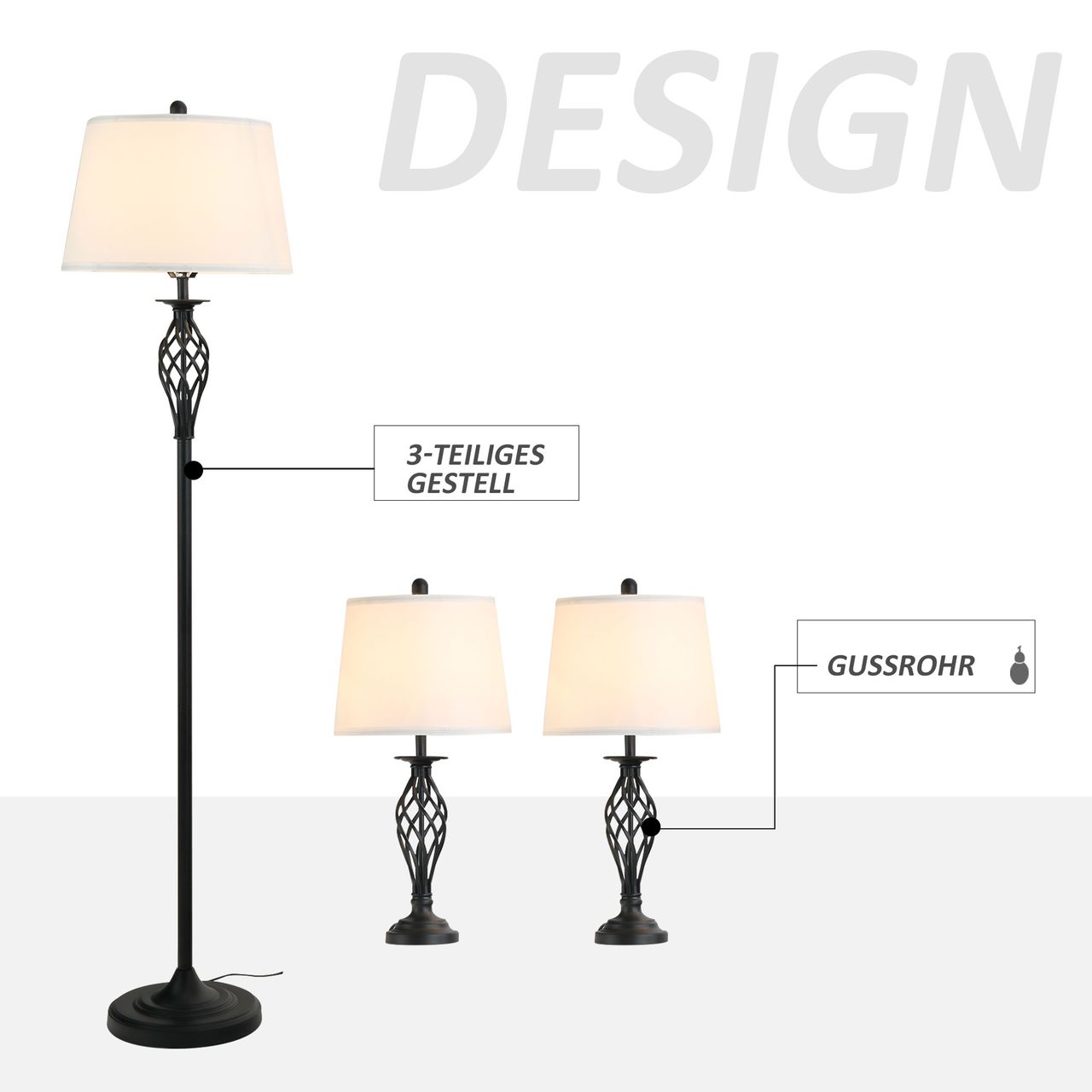 HOMCOM 3er-Lampenset 2 Tischlampe(ø38 x 158 cm)   1 Stehlampe(ø30 x 62 cm) Weiß