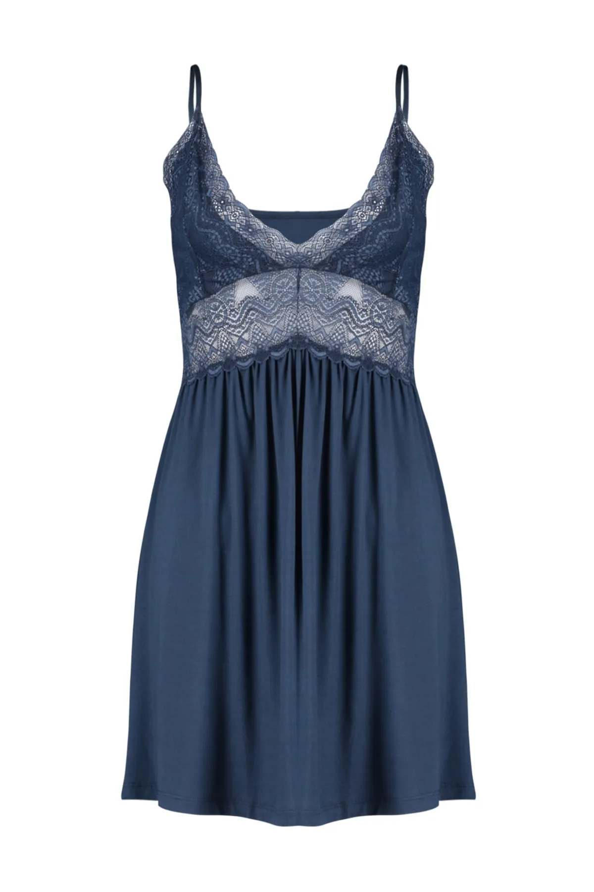 Trendyol Collection  Marineblaues Nachthemd aus Strick mit Spitzendetail und Seilträgern THMSS22PT0355
