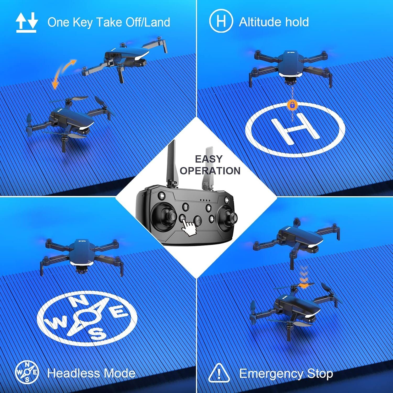 Tech Rc Drohne (1920*1080px, Drohne mit Kamera, HD 1080P Kameradrohne Faltbar Ferngesteuert 2 Akkus WLAN FPV)