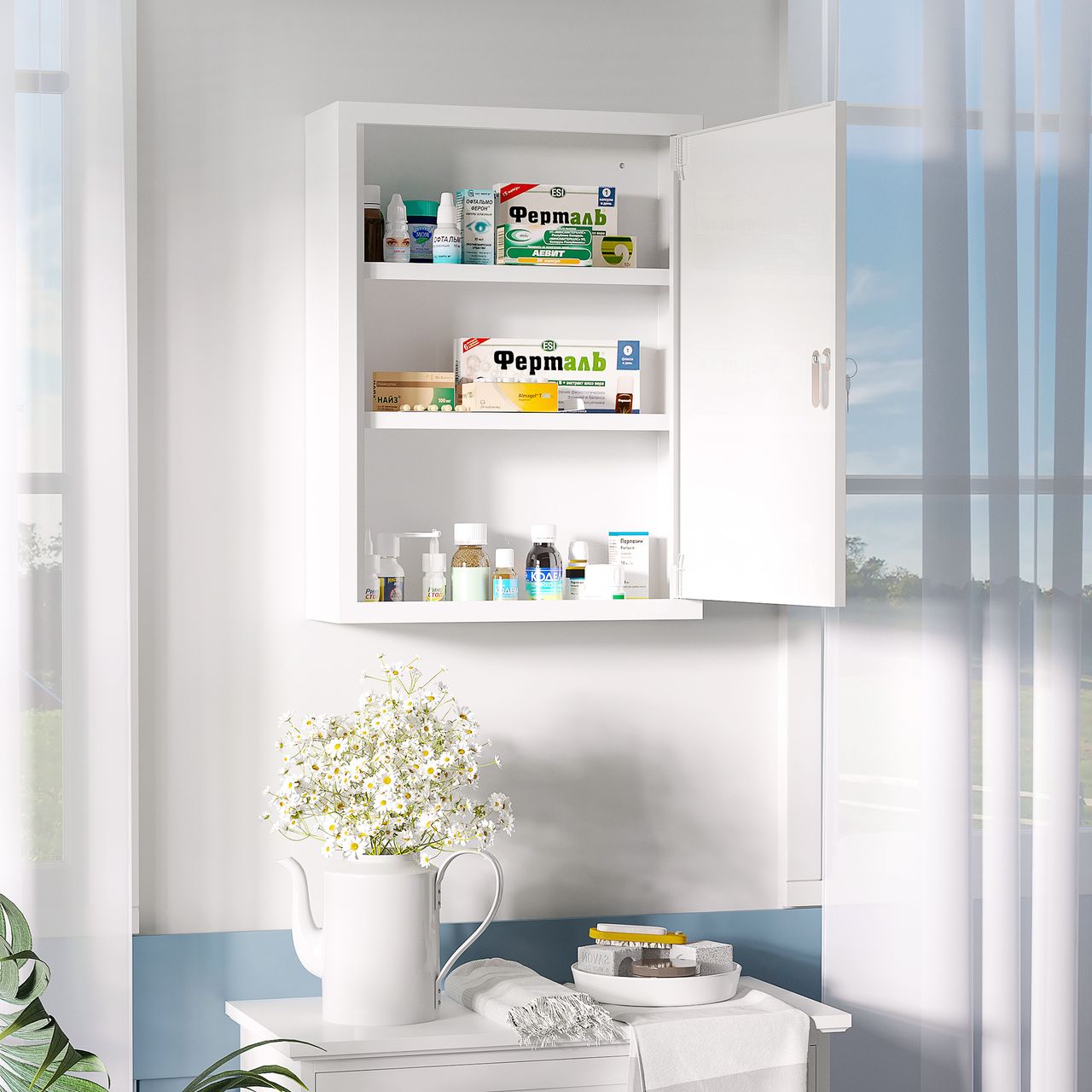 kleankin Medizinschrank, Apothekerschrank mit 3 Fächern, 2 Schlüsseln, Stahl