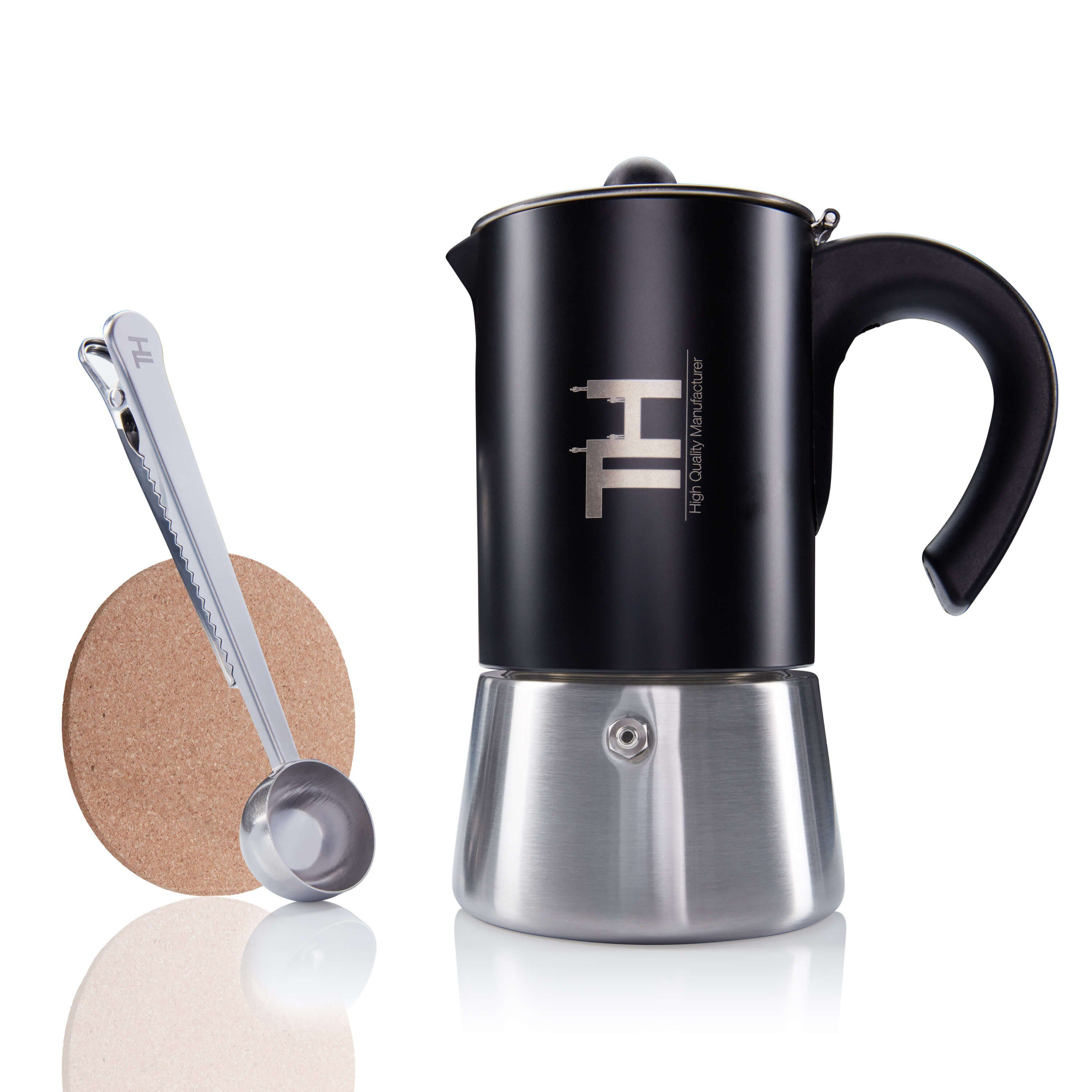 Thiru Espressokocher Espressokocher Induktion , Espressokanne Edelstahl, Edelstahl Filter, Premium Mokkakanne aus Edelstahl inkl. Toolset