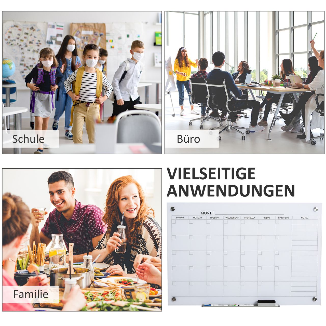 Vinsetto Kalendertafel Glasplatte mit 4 Glasclip Planungstafel Weiß