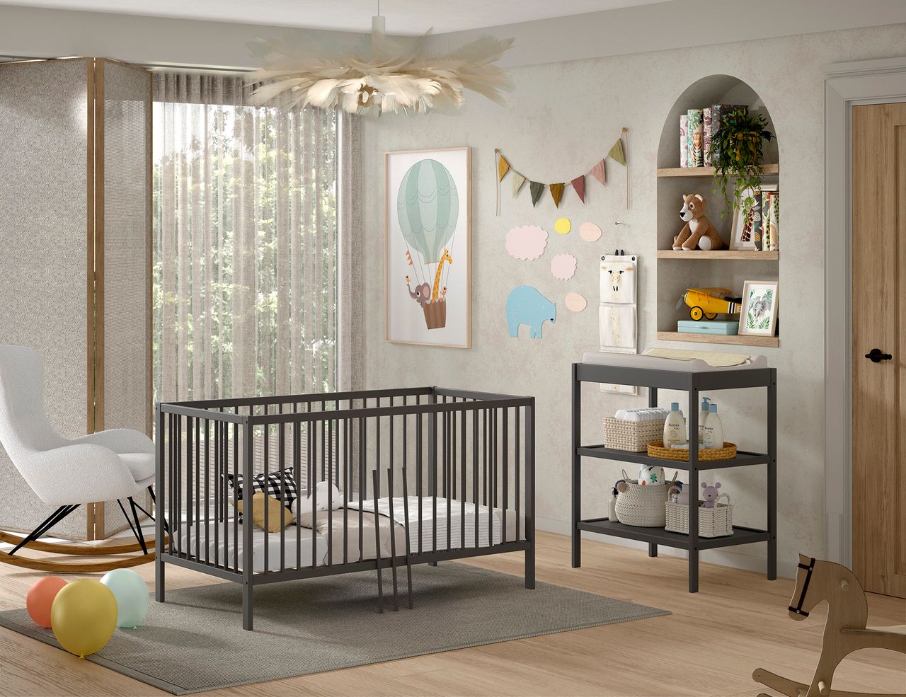 VIPACK Vipack - DINO Set best. aus Baby/Juniorbett und Wickelregal, Buche massiv anthrazit lackiert