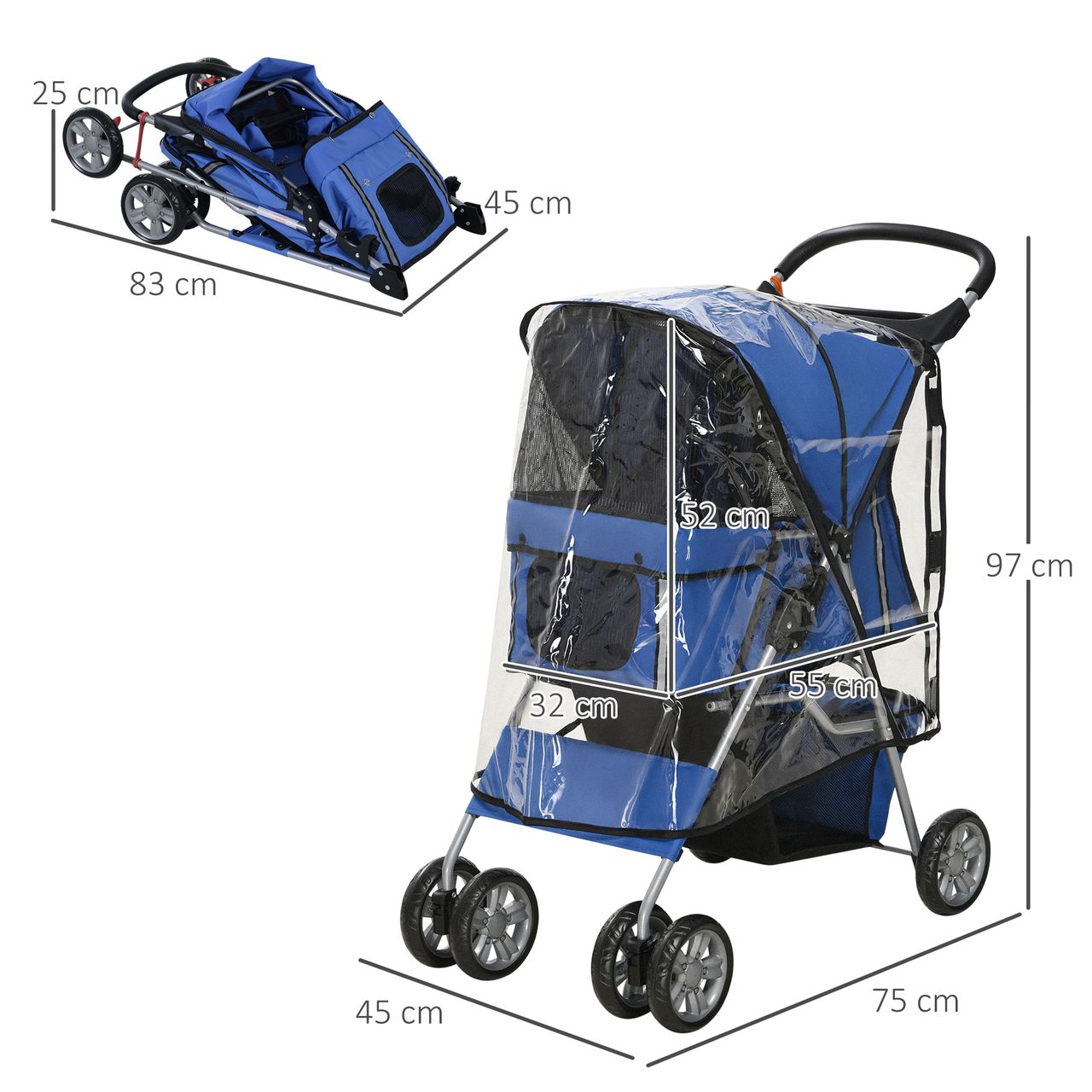 PawHut Hundetrolley, faltbarer Hundebuggy, Hundewagen mit Regenverdeck, Blau