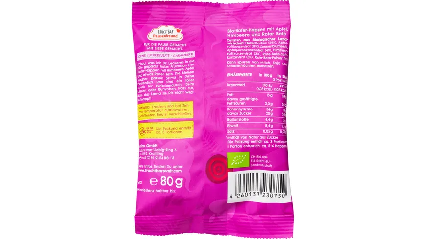 FRUCHTBAR Pausenfreund Bio-Hafer-Happen Himbeere Apfel Rote Bete 80 g
