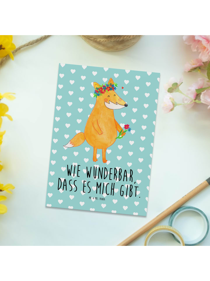 Mr. & Mrs. Panda Postkarte Fuchs Blumen mit Spruch in Türkis Pastell günstig kaufen onesize