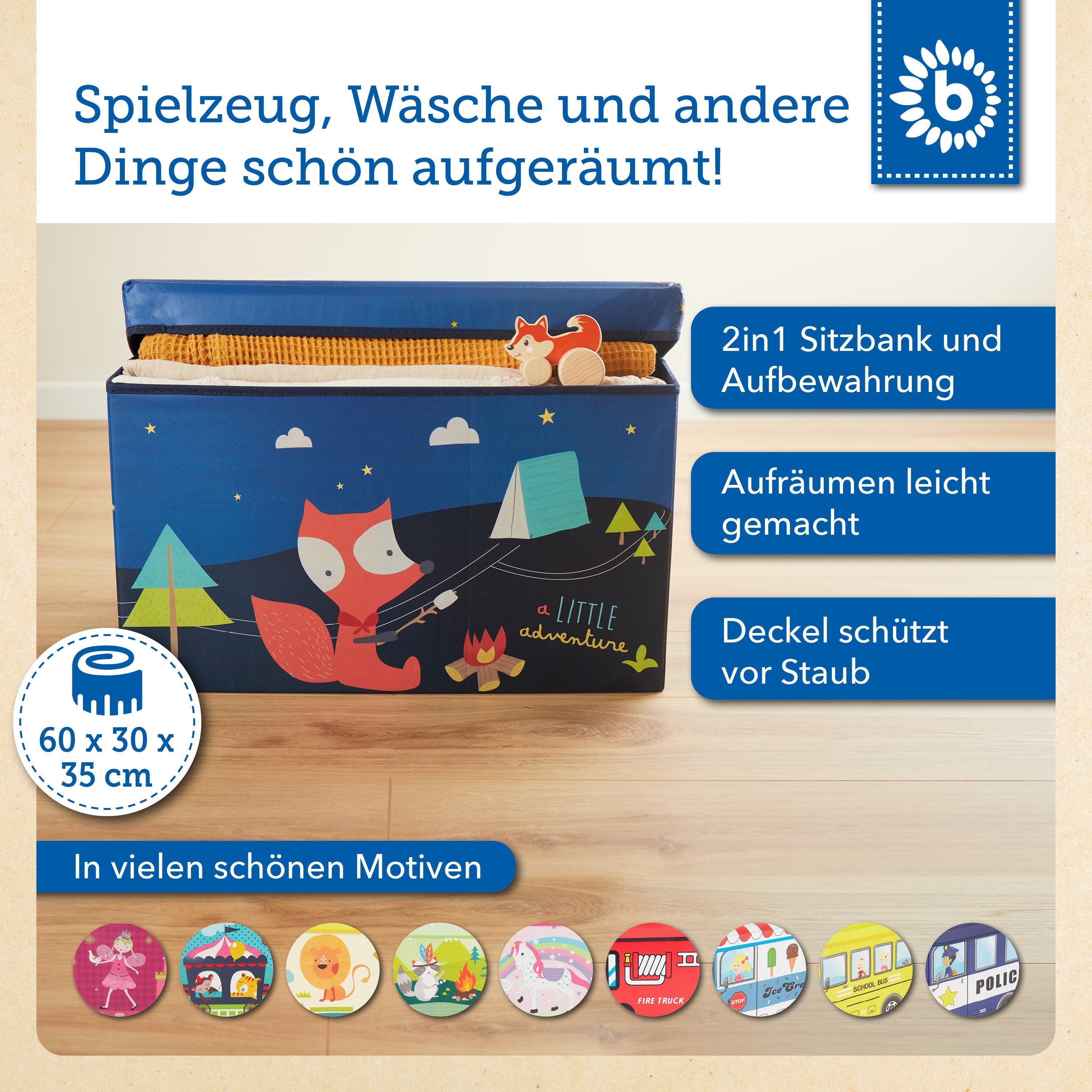 BIECO Spielzeugtruhe Bieco Aufbewahrungsbox mit Deckel Pfadfinder 60L, faltbar ca. 60x30x35cm Spielzeugkiste mit Deckel Aufbewahrungsbox Kinder Kisten mit Deckel Aufbewahrungsbox Groß Wickeltisch Organizer
