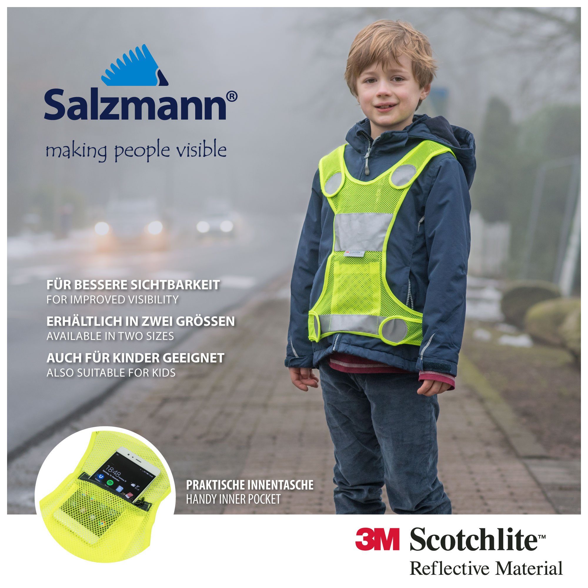 Salzmann Warnweste Laufweste mit LED Licht, mit 3M Scotchlite Reflektorstreifen