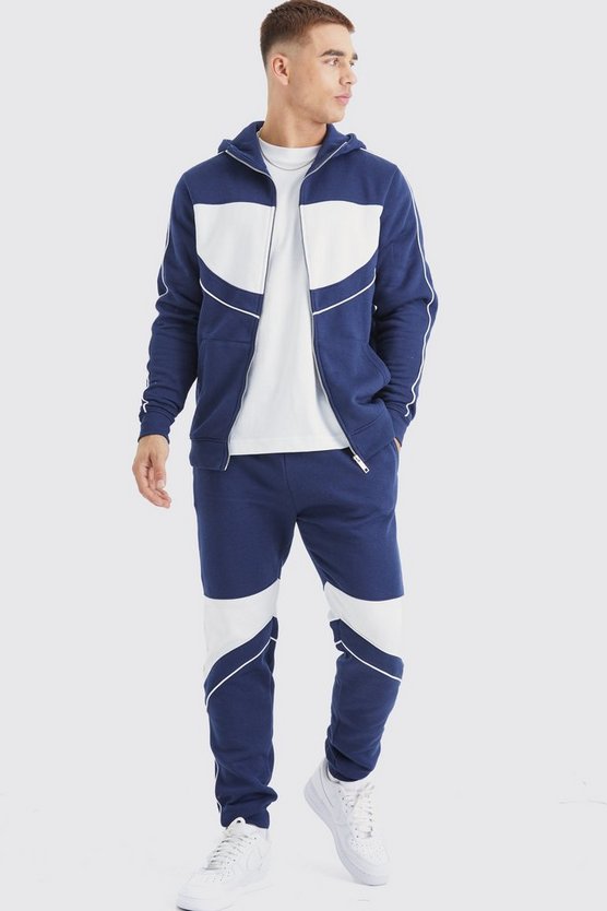 Slim-Fit Colorblock Trainingsanzug mit Trichterkragen und Kapuze