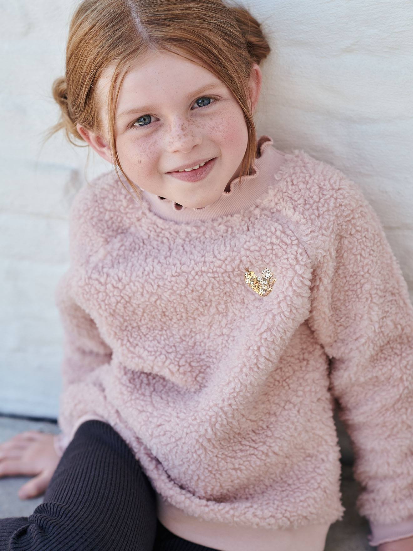 Sweat en sherpa fille finitions fantaisie beige