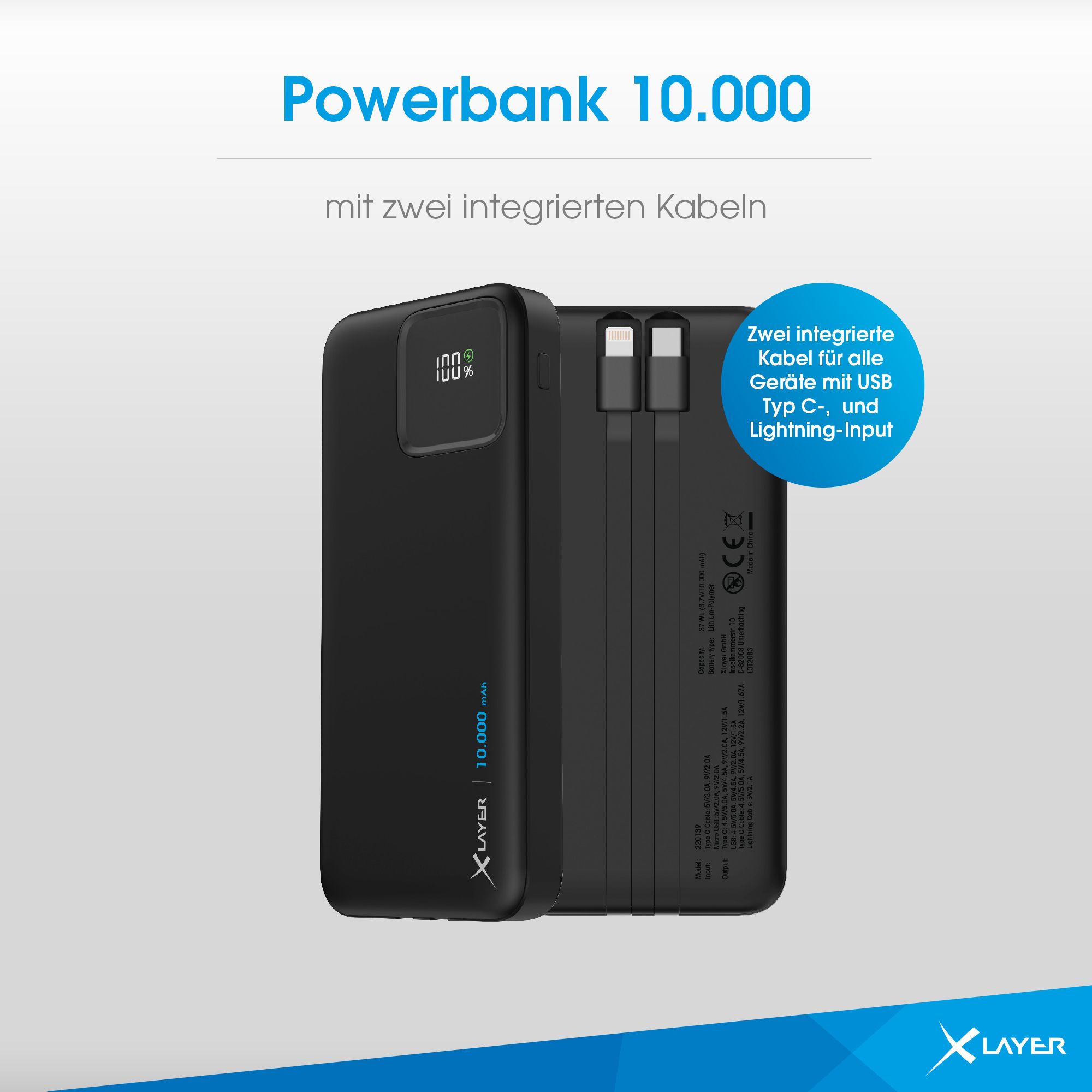 XLayer 10.000 mAh Powerbank mit 2 Kabel
