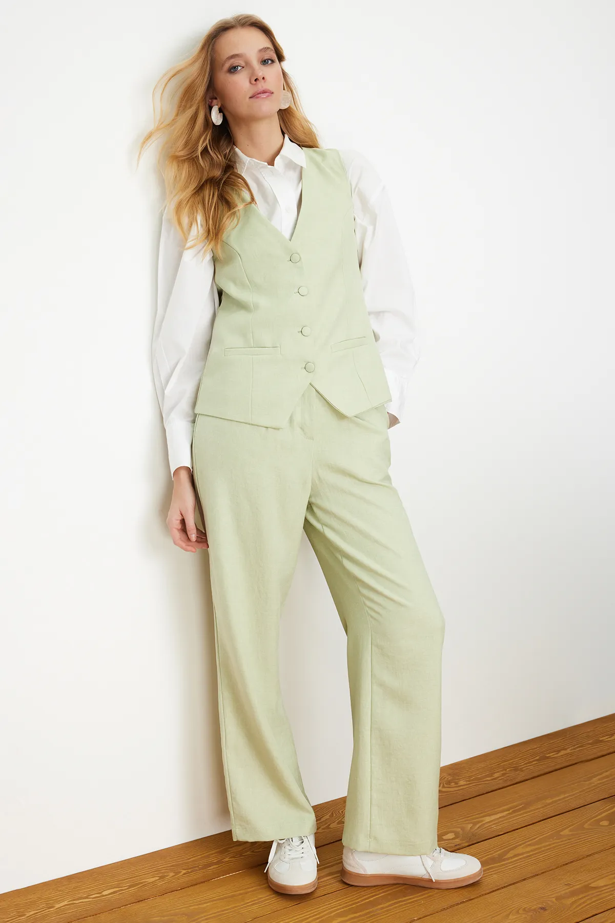 Trendyol Modest  Mintgrüner Leinen-Look, stilvolle Weste, Hose, gewebte Unterseite und Oberteil, Set TCTSS24US00014
