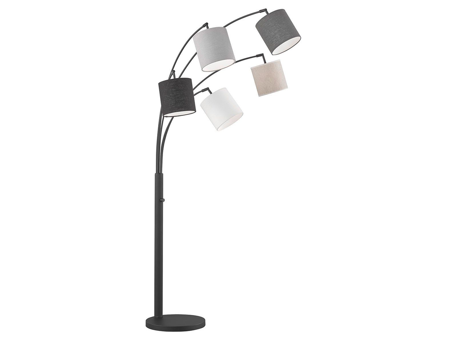 meineWunschleuchte LED Bogenlampe, mitgelieferte Leuchtmittel stufenweise über Lampenschalter dimmbar, LED wechselbar, Warmweiß, Designer Stehlampe ge-bogen mit 5x Stoff Lampenschirm dimmbar H: 180cm