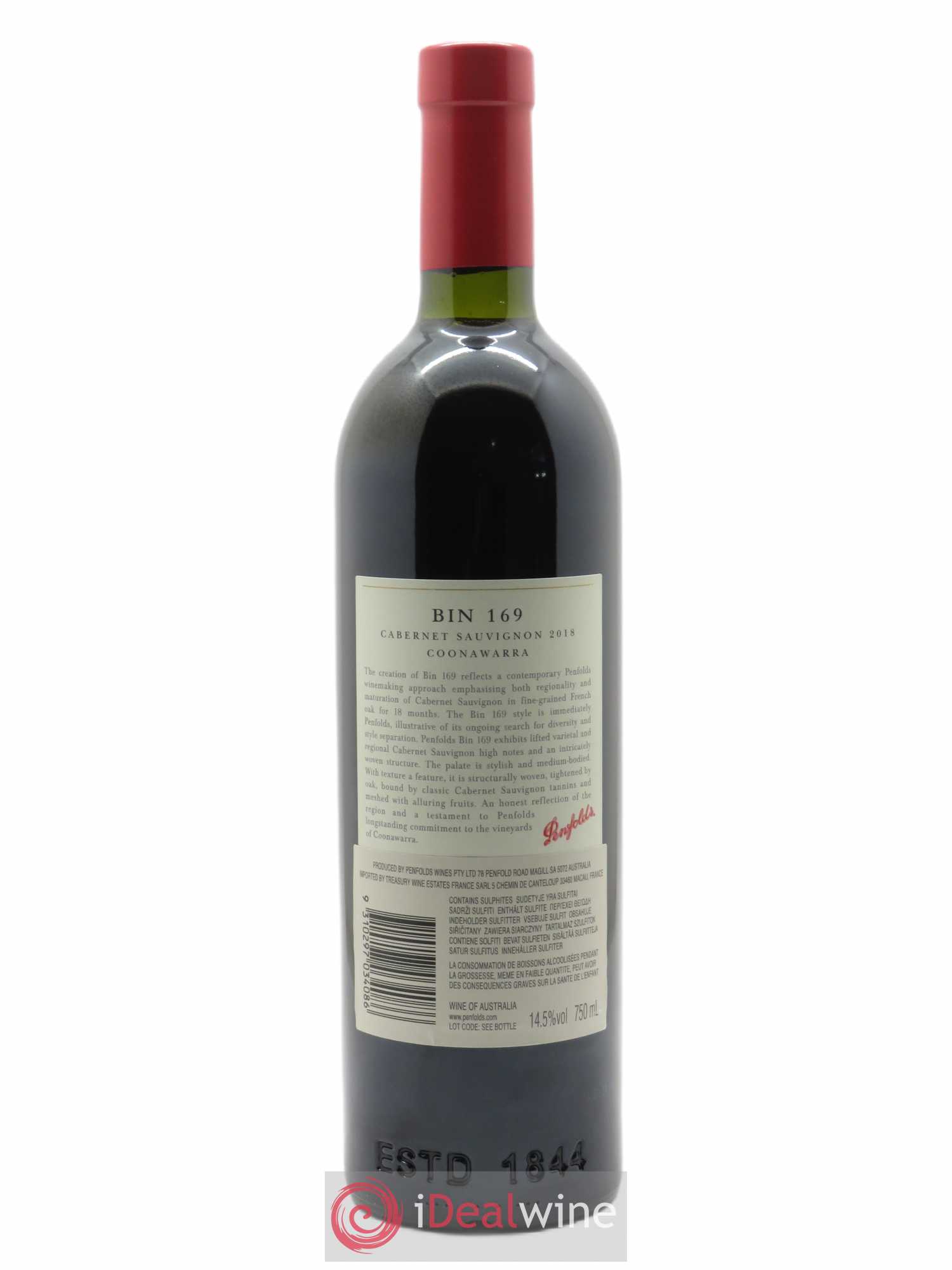 Coonawarra Penfolds Wines Bin 169 Cabernet sauvignon  2018 - Lot de 1 Bouteille