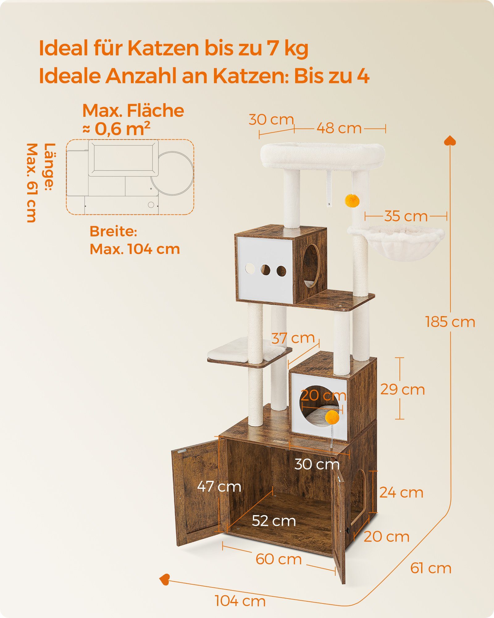 FEANDREA Kratzbaum, mit Katzenklo-Schrank 185cm Kratzsäule waschbares Kissen
