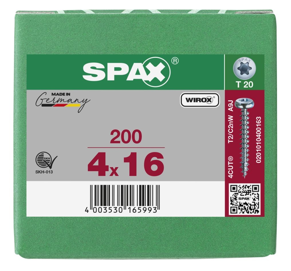 SPAX 0201010400163 Universalschraube 4 x 16 mm, Vollgewinde, Rundkopf, T-STAR plus T20 – 200 Stück