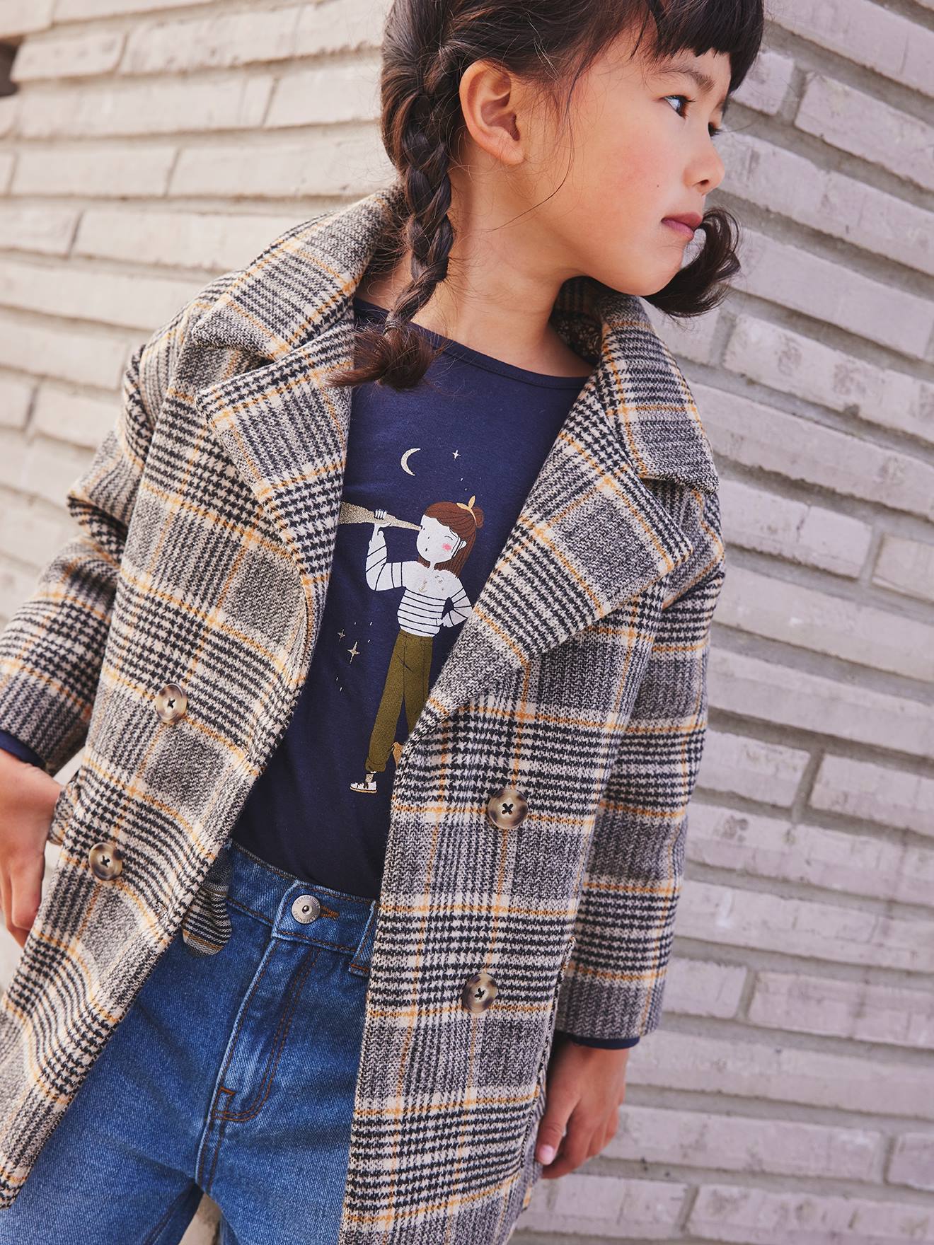 Manteau à carreaux fille. kaki