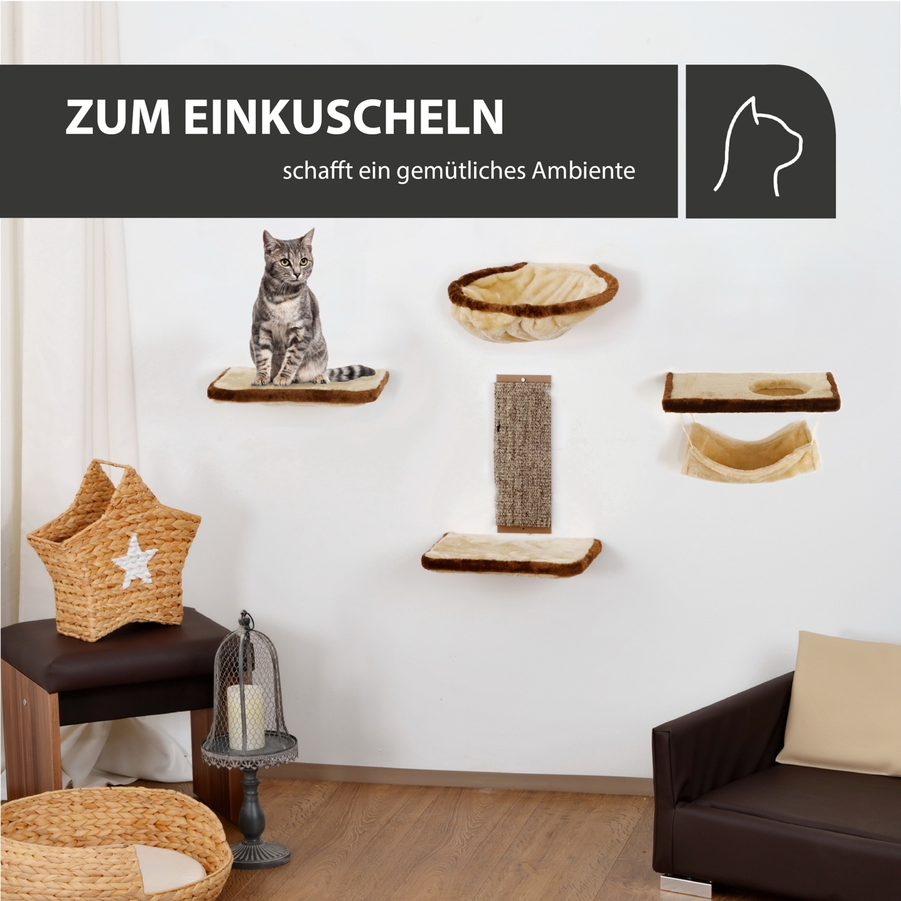 Rohrschneider Kratzbäume Rohrschneider Katzen-Kletterwand Katzenmöbel für die Wand 6-tlg in beige mit Gratis-Spielballset