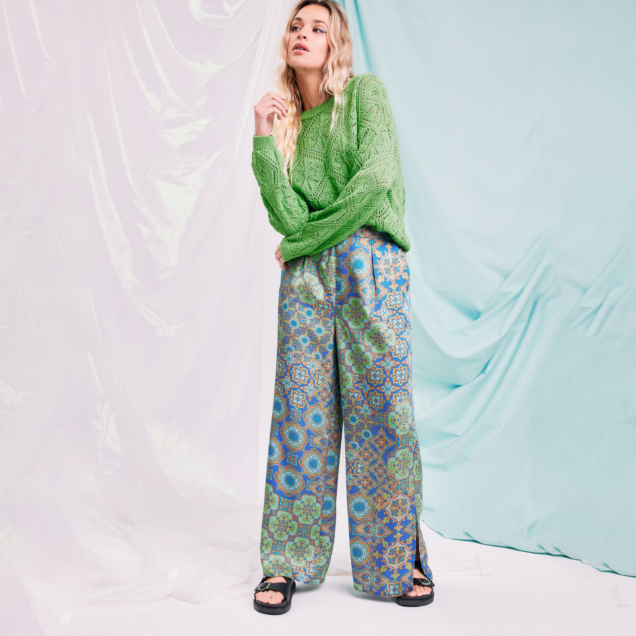 Pantalon large fendu satin bleu roi femme | Cache Cache