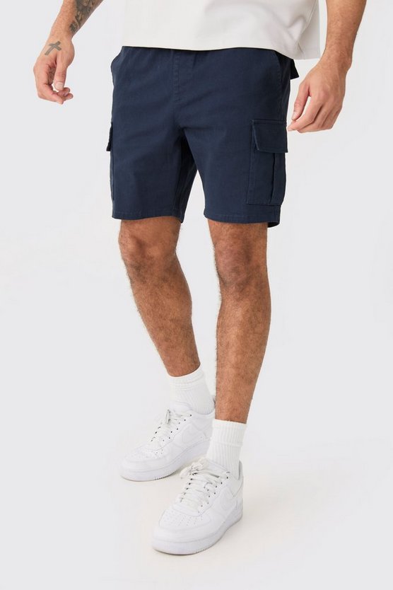 Dunkelblaue Skinny Cargo-Shorts mit elastischem Bund