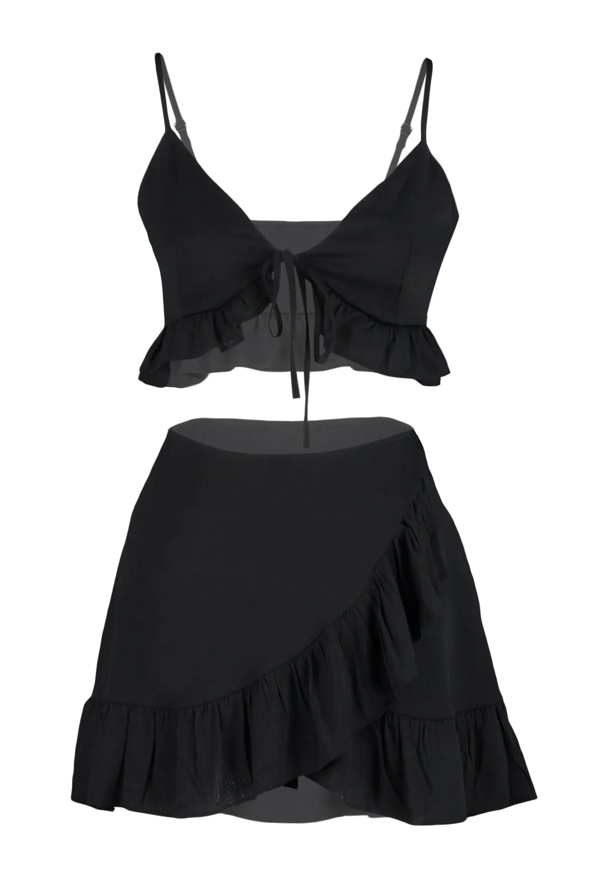 Trendyol Collection  Schwarzes gewebtes Rüschenblusenrock-Set TBESS22AU0386