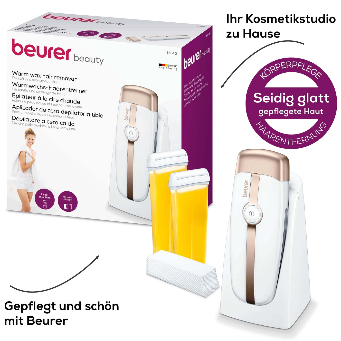 Beurer Warmwachs-Haarentferner HL 40-Kabelloser Haarentferner mit Warmwachs inkl. praktischer Heizstation