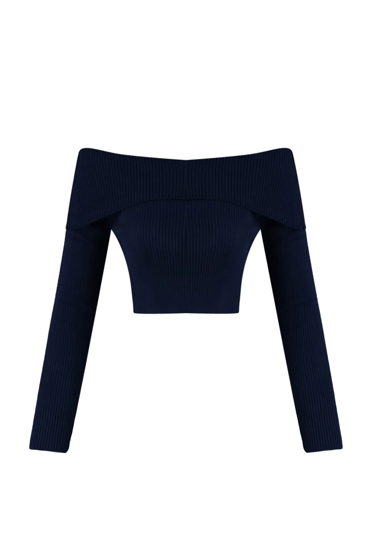 Trendyol Collection  Marineblauer, kurzer Strickpullover mit Carmen-Kragen TWOAW22KZ1897