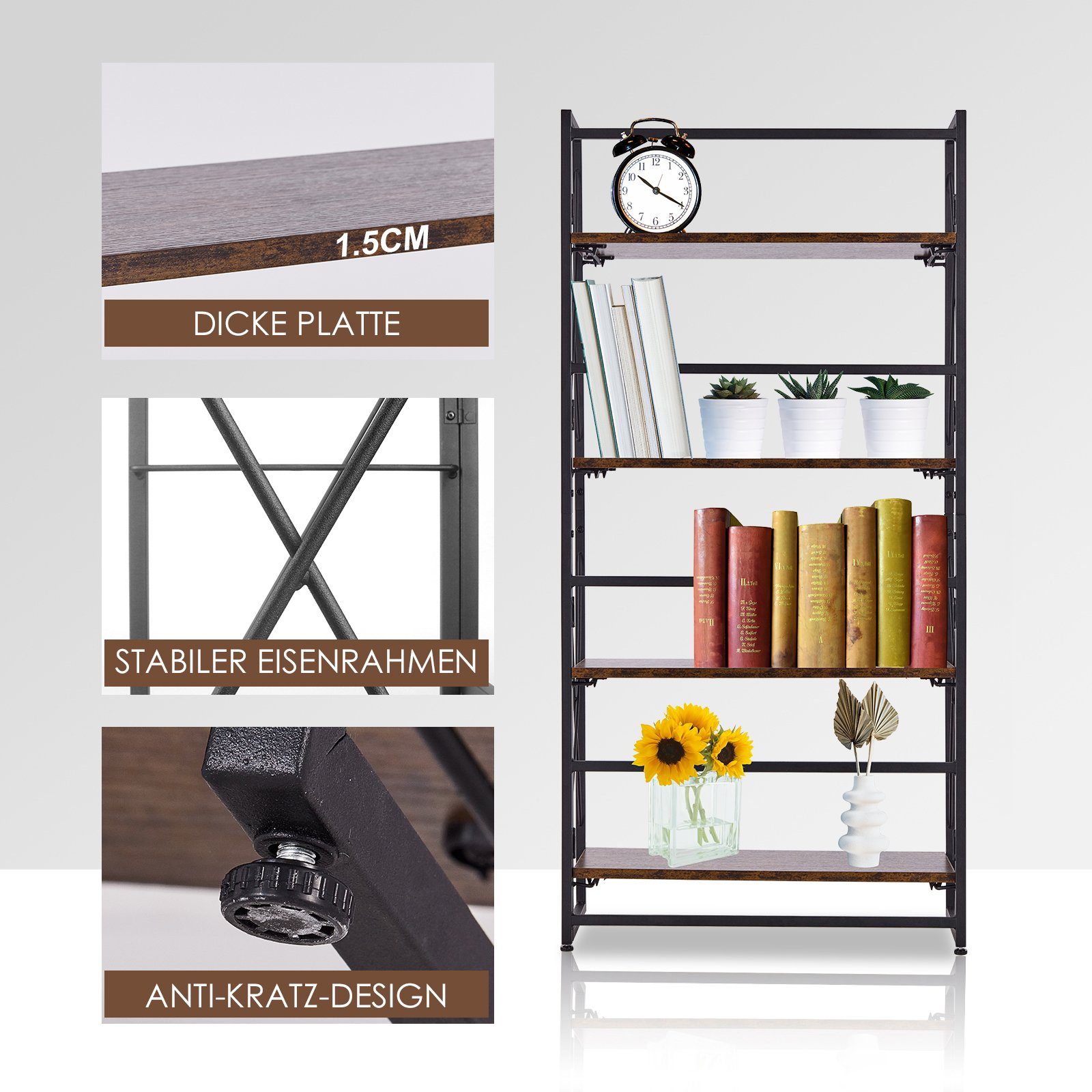 KAHOO Bücherregal Faltbares Standregal, 60x28x125cm, Lagerregal bis 52kg