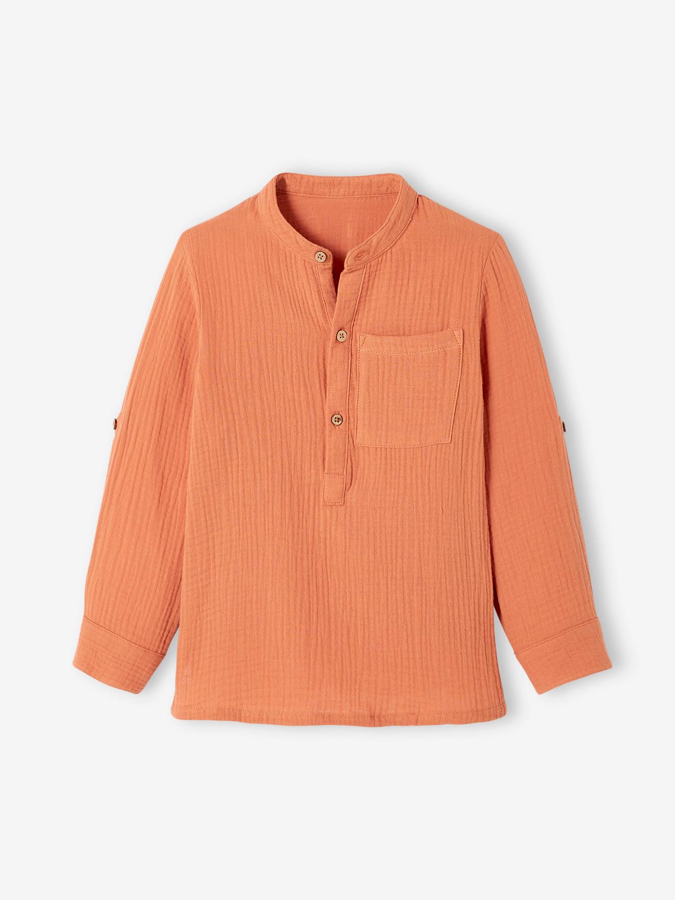 Chemise garçon en gaze de coton manches retroussables bleu moyen