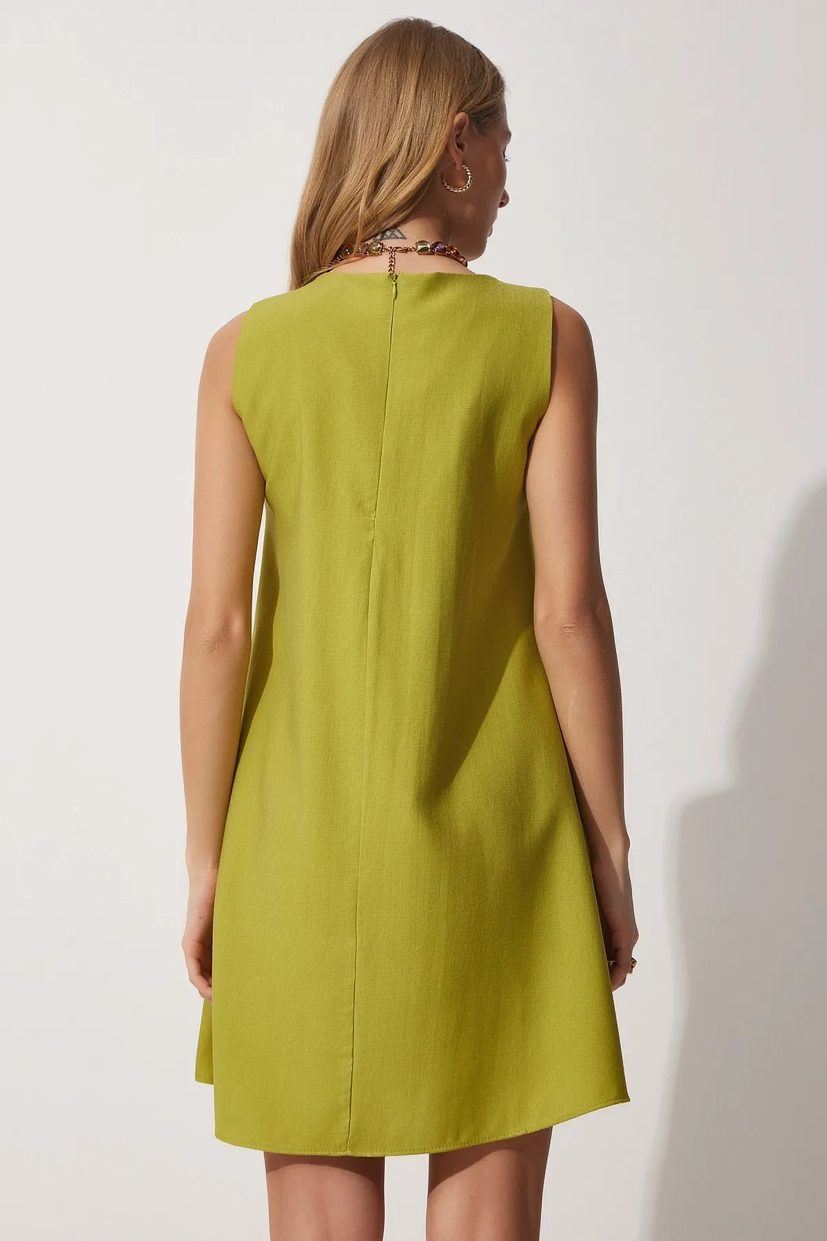 Happiness İstanbul  Pistaziengrünes, gewebtes A-Linien-Sommerkleid für Damen BF00067