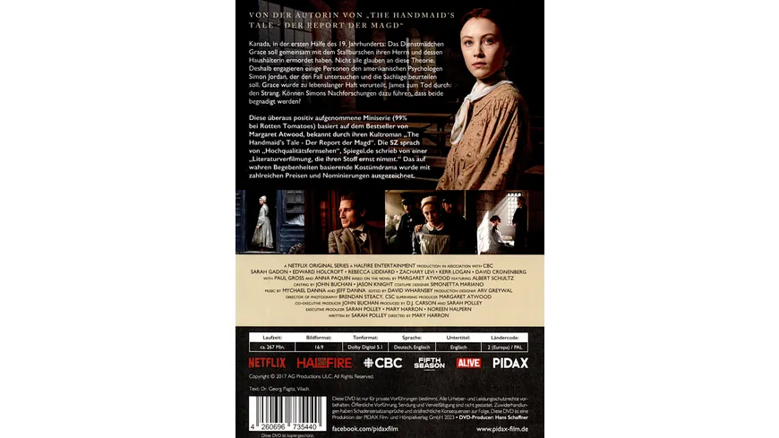 Alias Grace / Der preisgekrönte 6-Teiler nach dem Bestseller von Margaret Atwood („The Handmaid’s Tale - Der Report der Magd“)