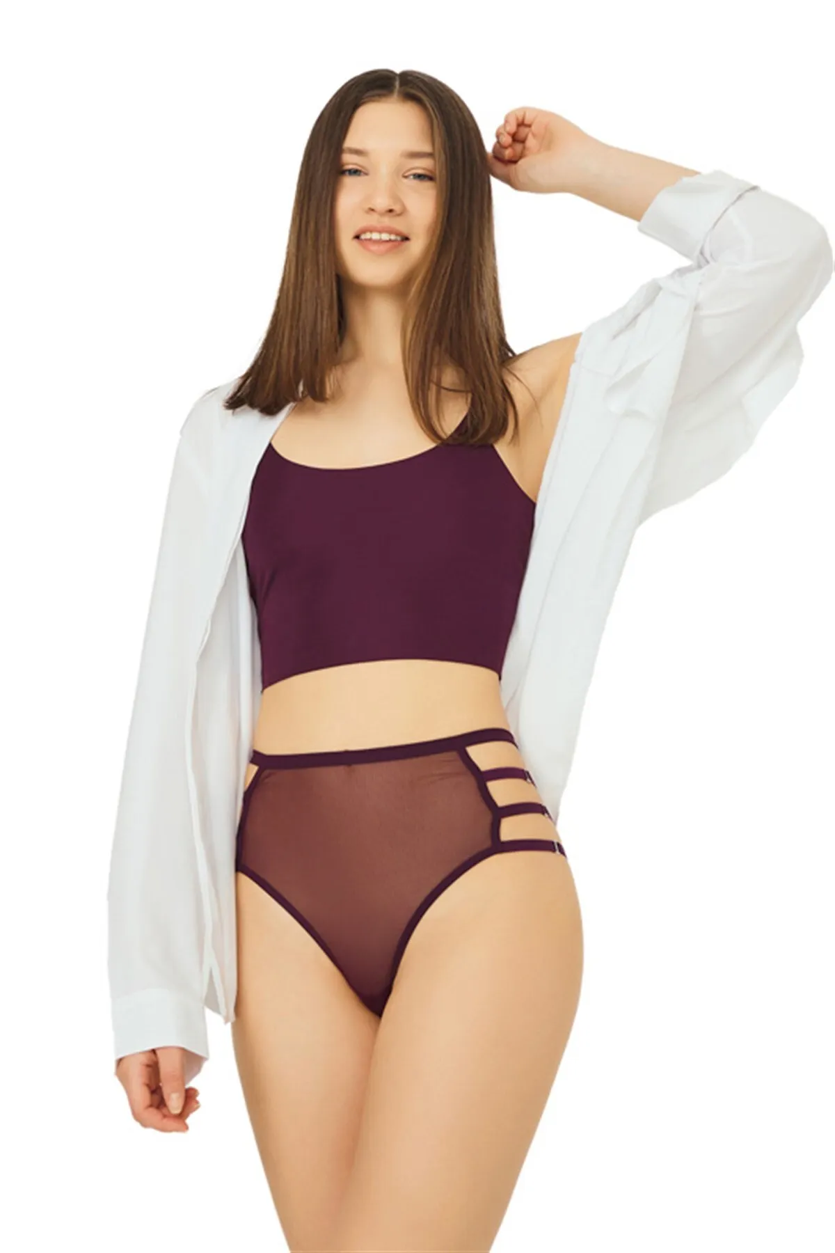 Cottonhill  Transparentes, elastisches, detailliertes Bikini-Höschen mit hoher Taille aus pflaumenfarbenem Tüll