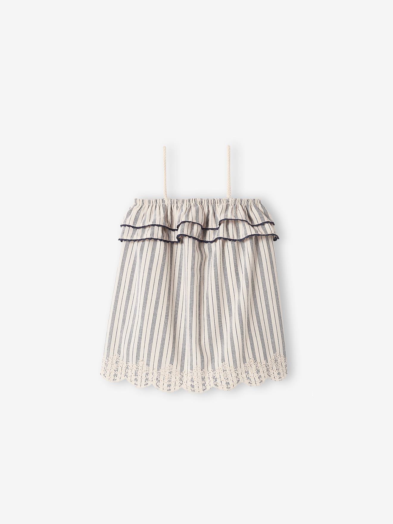 Robe brodée bébé à bretelles beige clair rayé