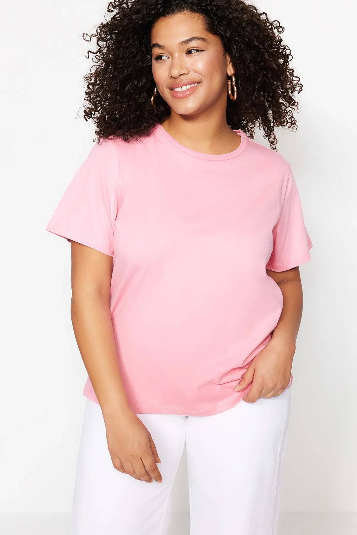 Trendyol Curve  Rosa Basic-Strick-T-Shirt mit Rundhalsausschnitt TBSSS22TS0733