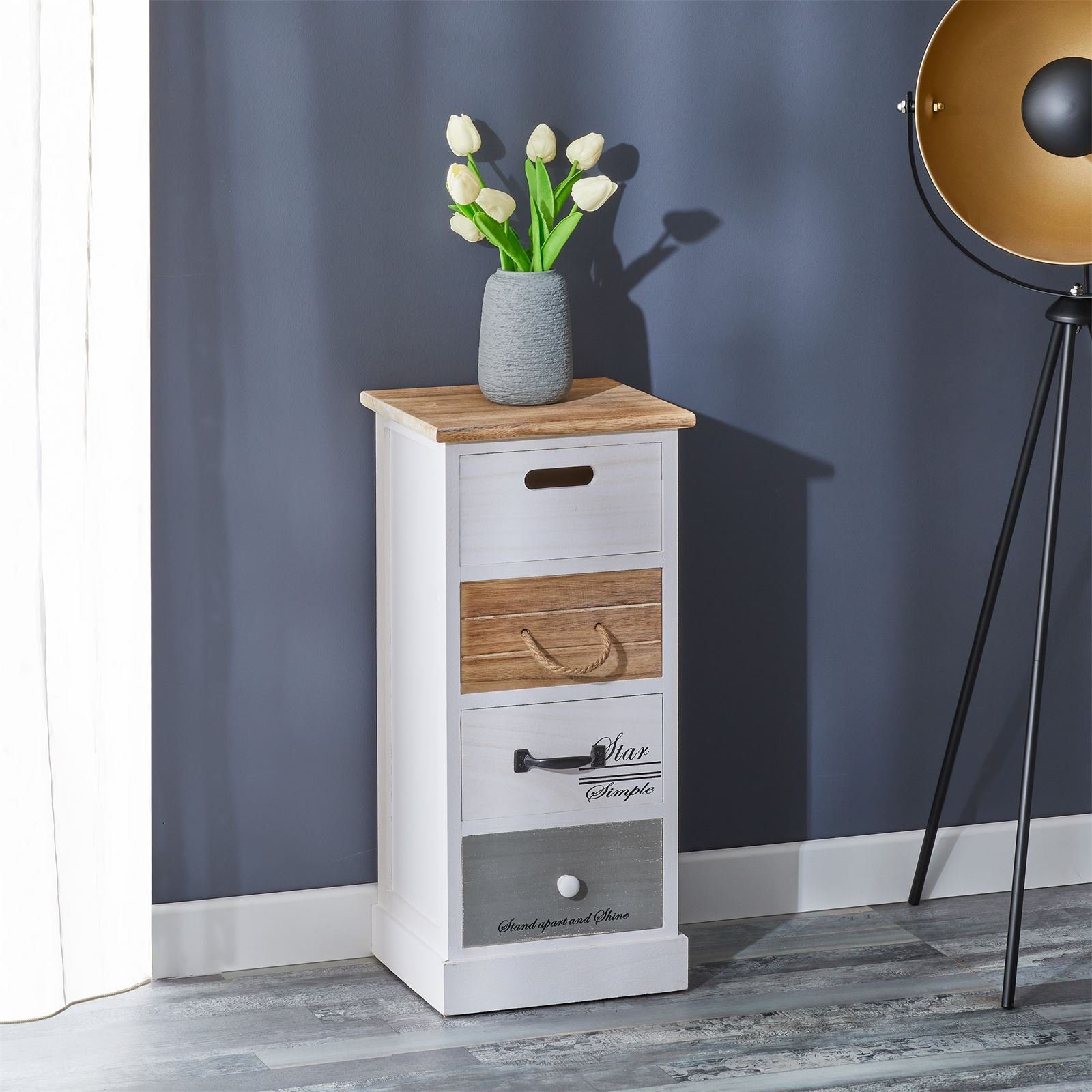 CARO-Möbel Kommode SALVA, Kommode Schubladenschrank Standregal Holzregal 4 Schubladen weiß Vinta